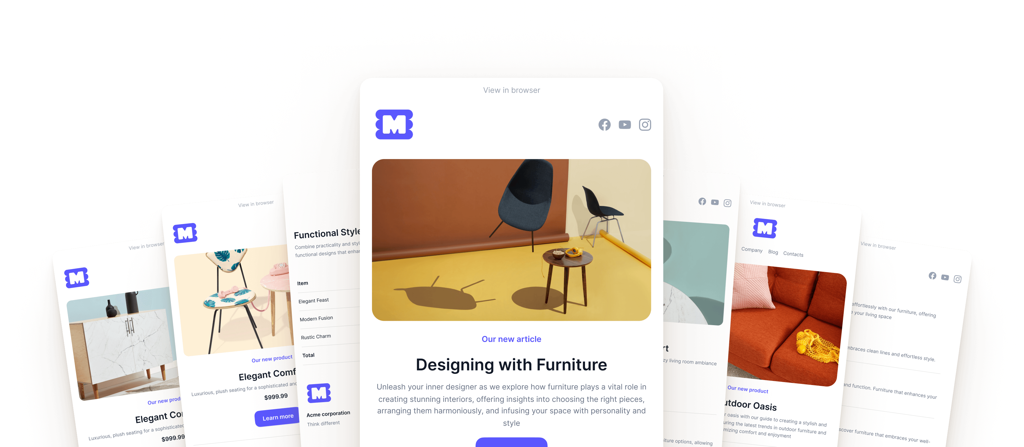 Stack of furniture email templates designed in Figma in light style with blue logo