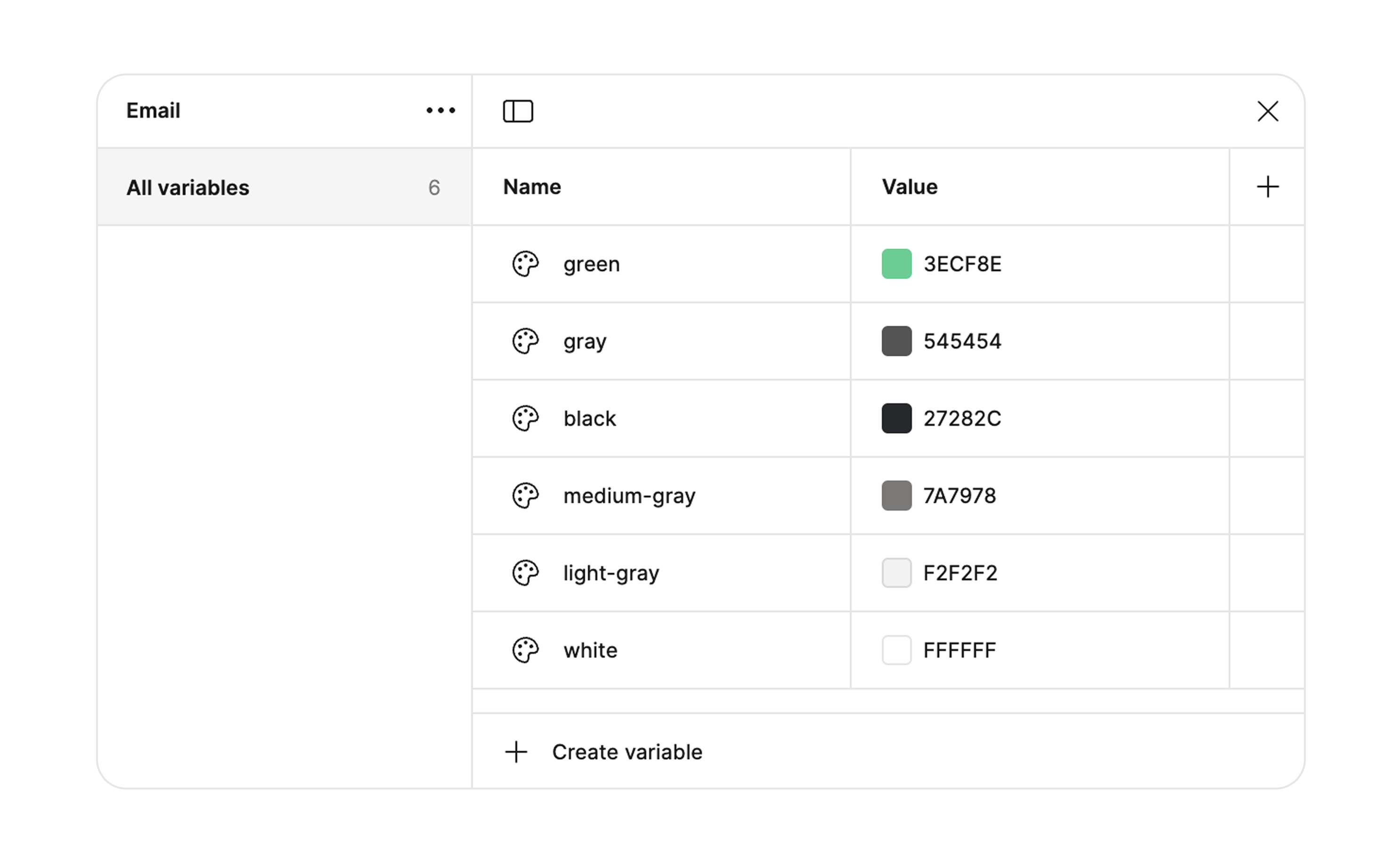 Interface of customization color variables in Figma UI