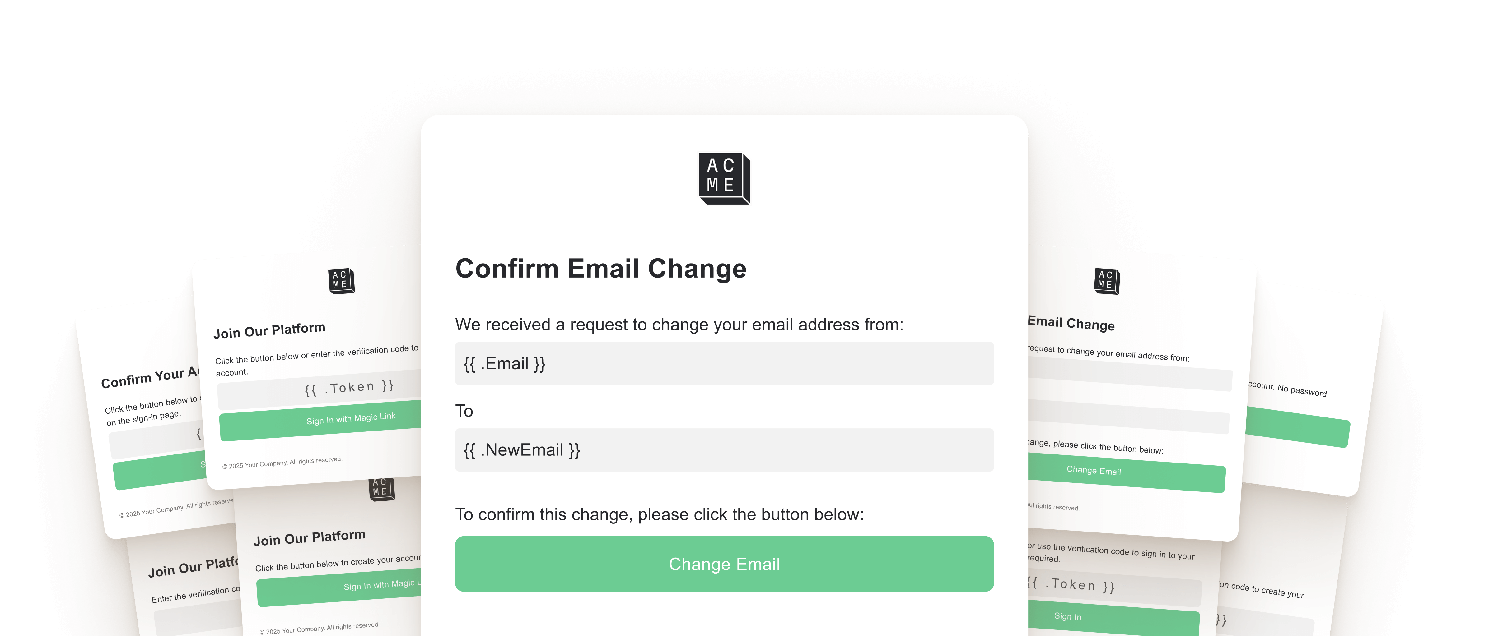 Stack of Supabase authentication email templates including signup confirmation, password reset, and magic link designs in Figma