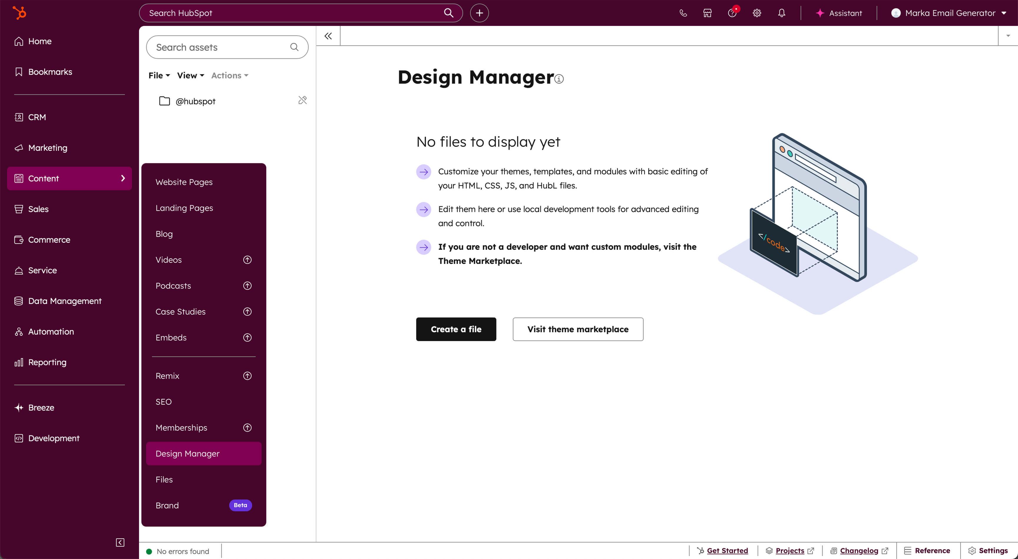 Desing manager interface in HubSpot dashboard