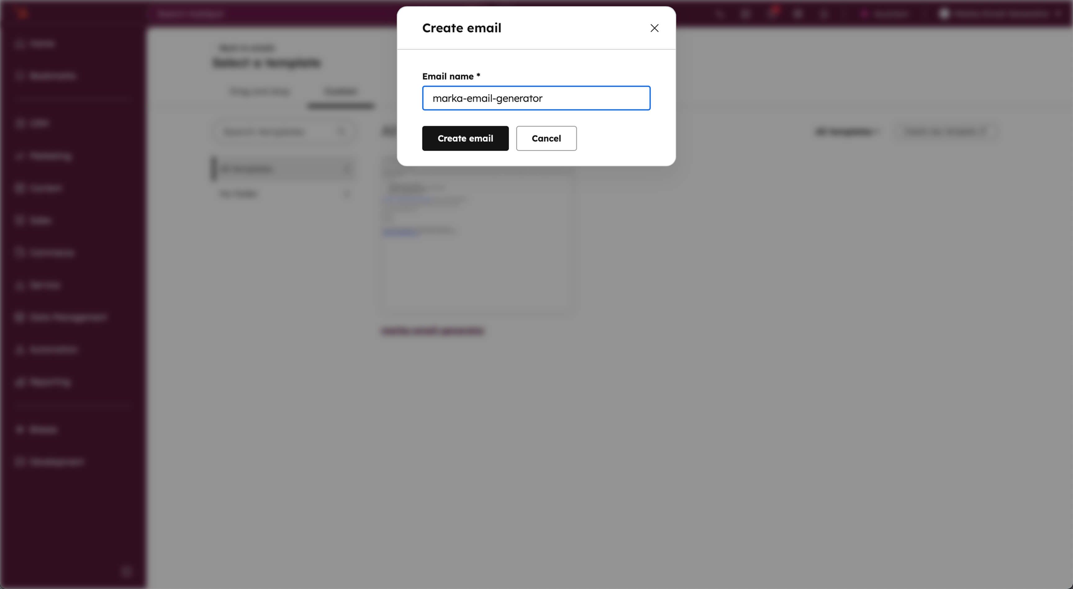 Modal in hubspot dasbhoar with input email name and button create email and cancel