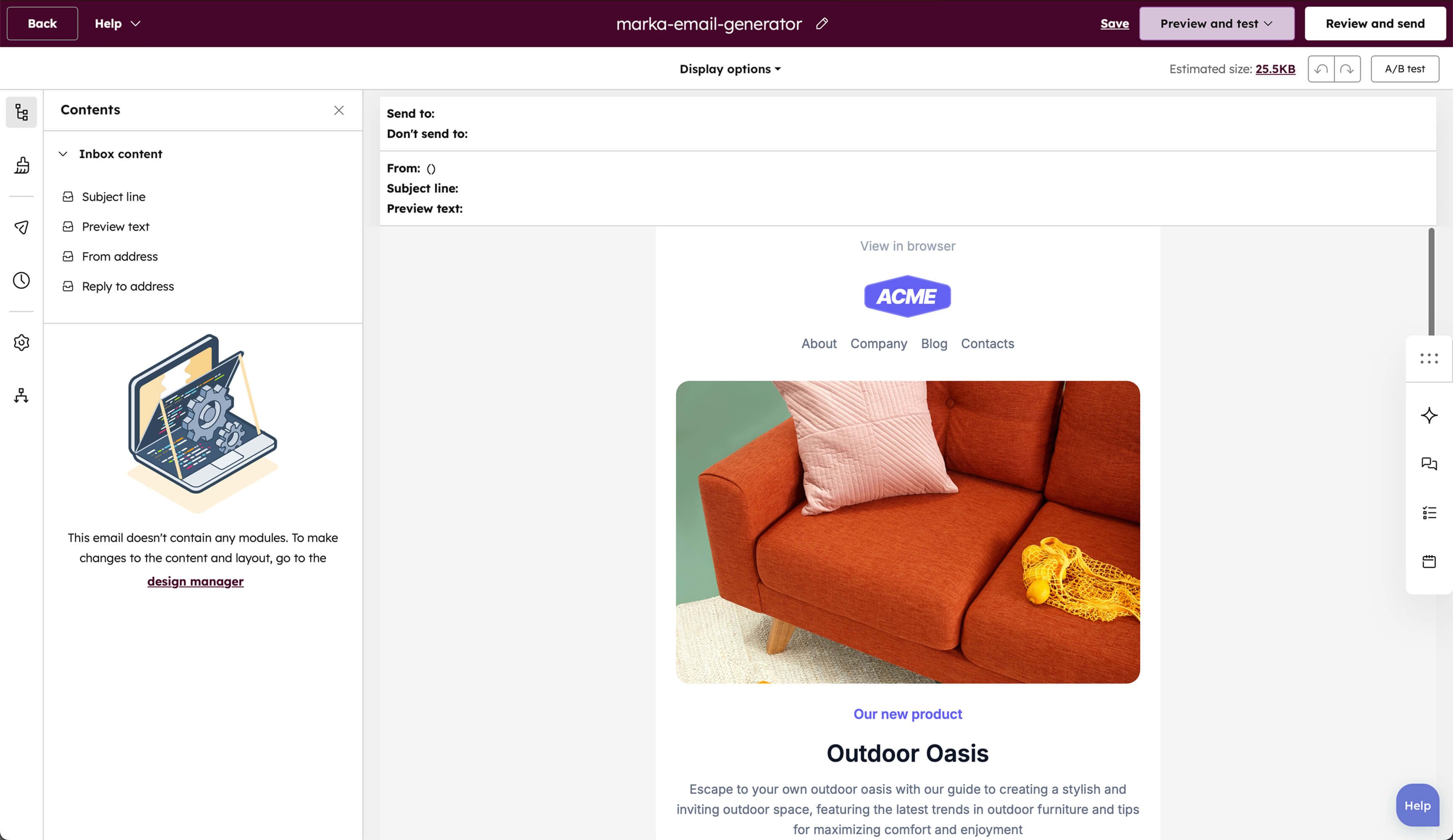 Hubspot interface with email succsfuly imported from design manager