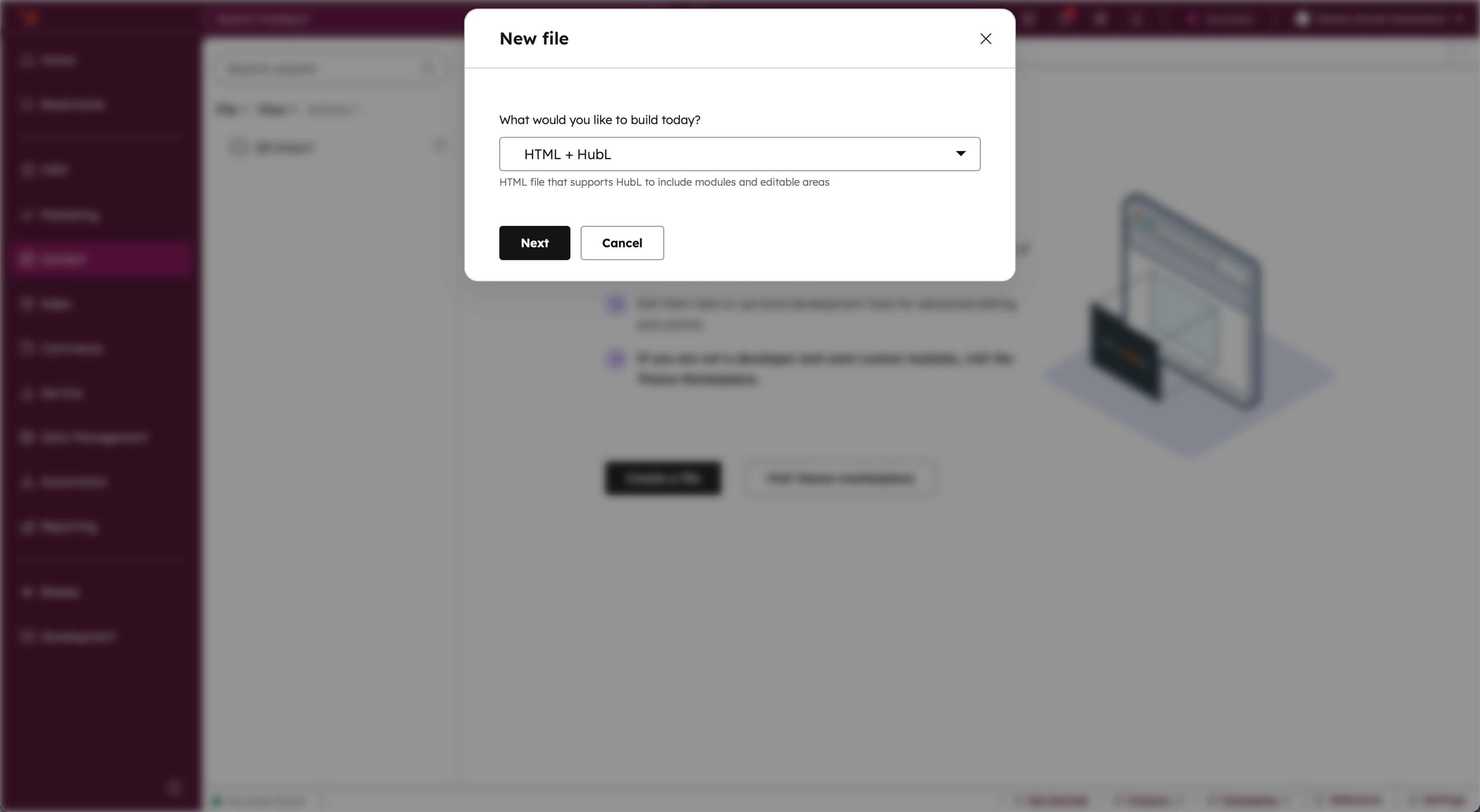 Modal with input and options on creating new file in Design manager HubSpot dashboard