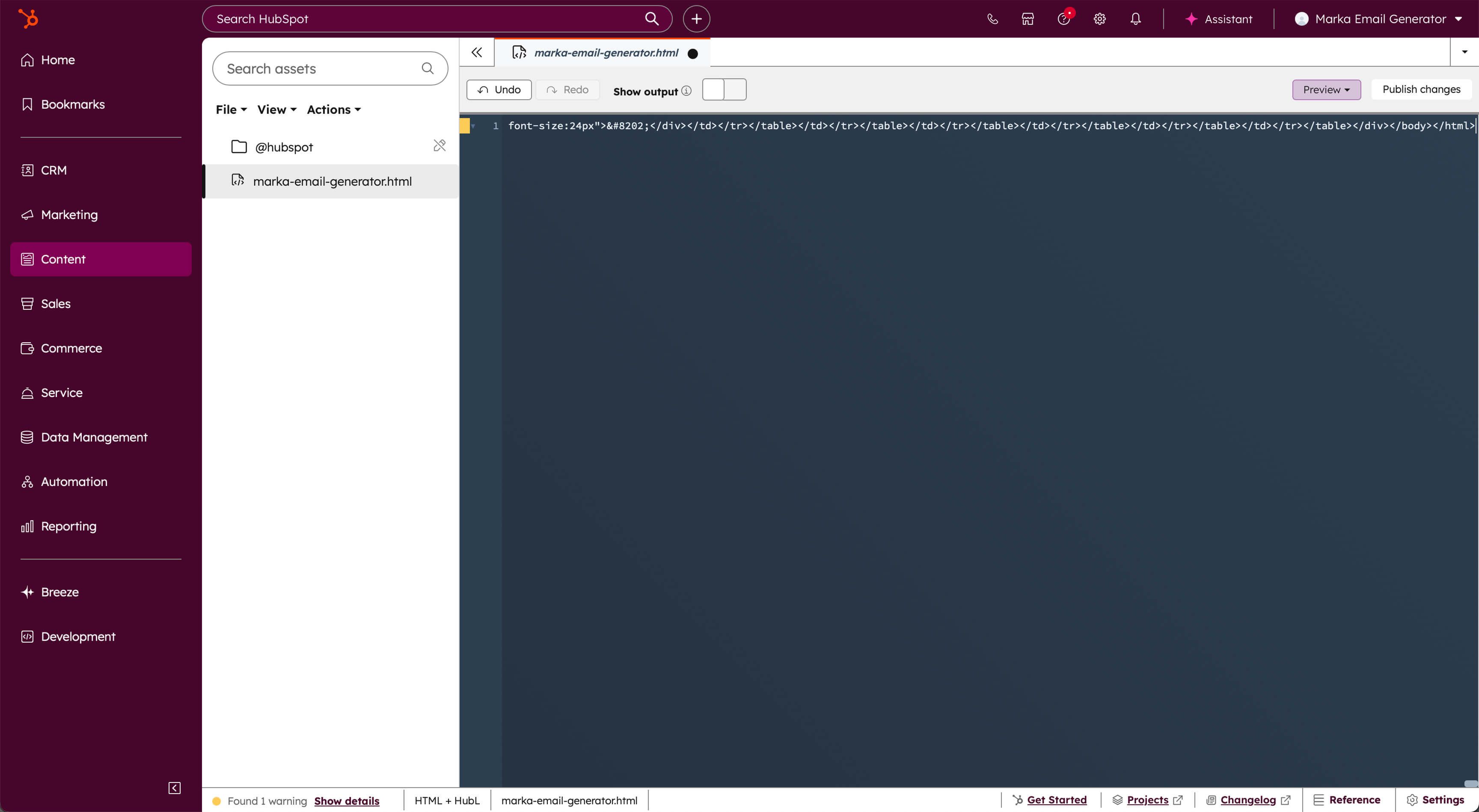 email template code editor interface inside HubSpot Content/Design Manager section