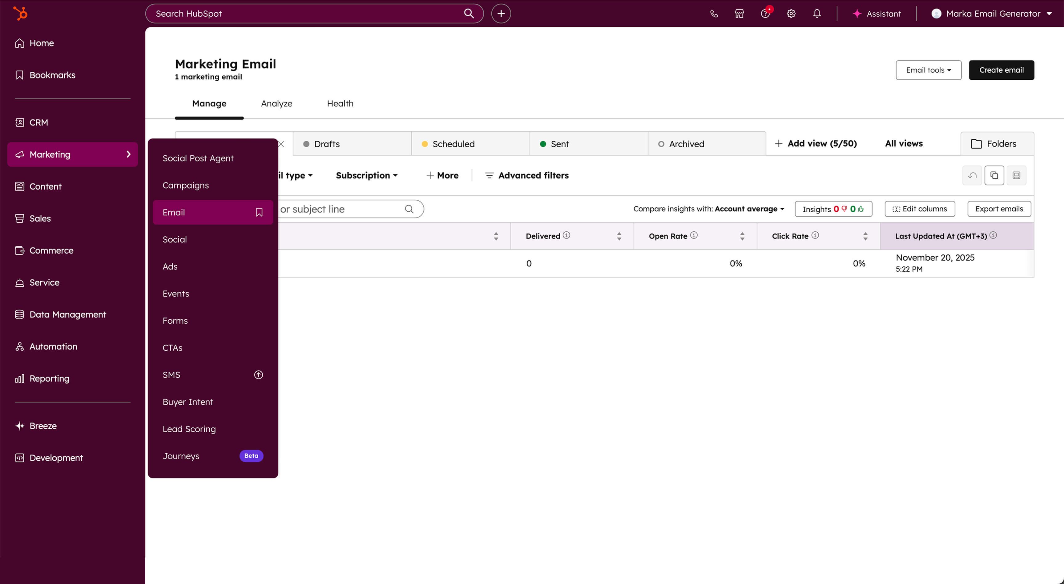 Interface in HubSpot dashboard on creating new email in Markegin section