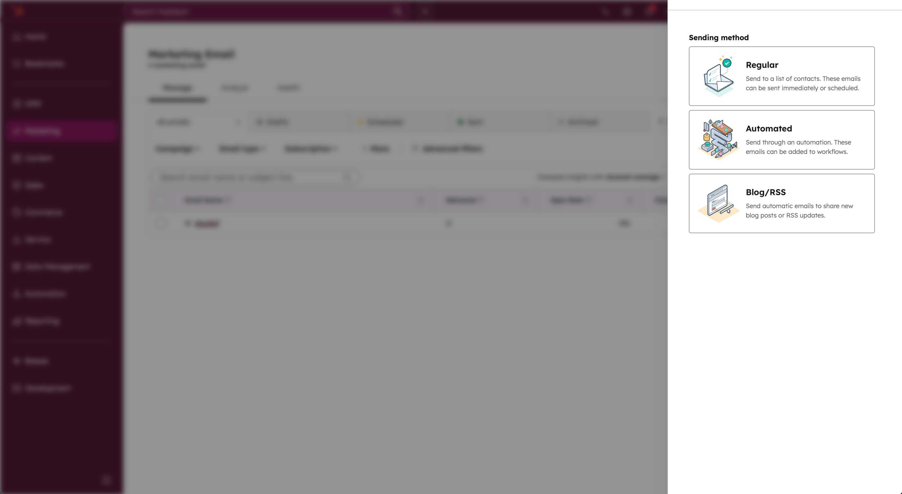 Interface in HubSpot dashobar with 3 options 'Regular email', 'Automated email', 'Blog/RSS'