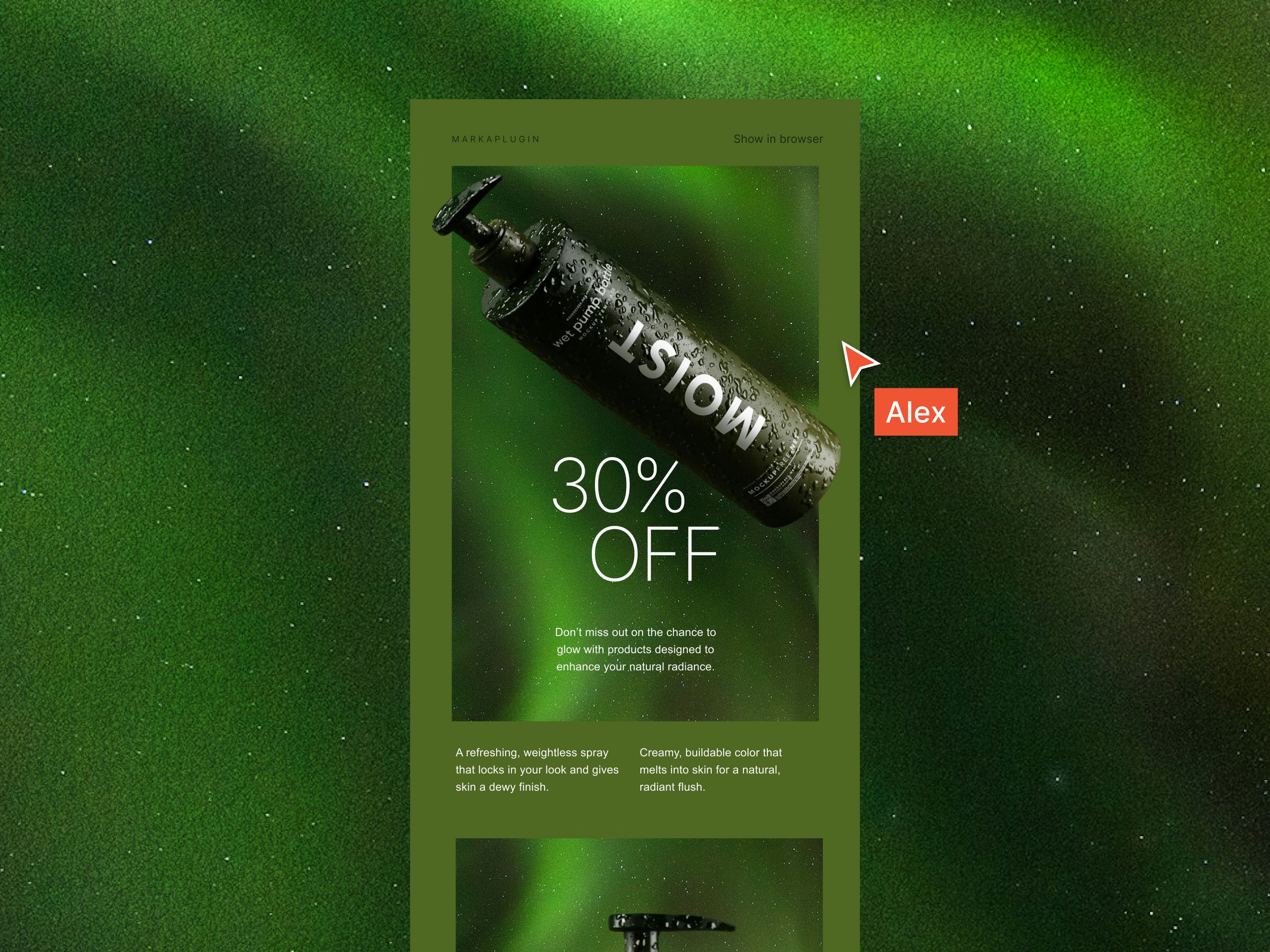 Minimal blush email announcing a new botanical serum launch